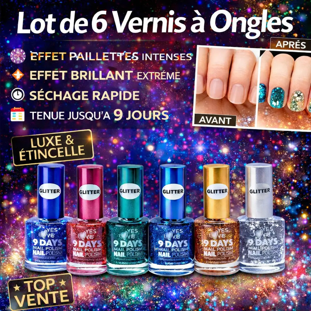 Lot de 6 vernis à ongles glitter – paillettes intenses multi couleurs – effet brillant extrême – séchage rapide – tenue jusqu’à 9 jours – 13 ml