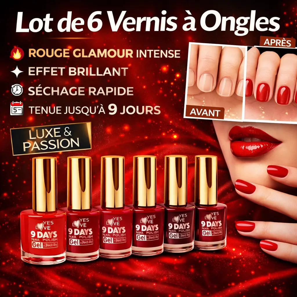 Lot de 6 vernis à ongles rouges – effet brillant intense – séchage rapide – tenue jusqu’à 9 jours – rouge glamour professionnel – 13 ml