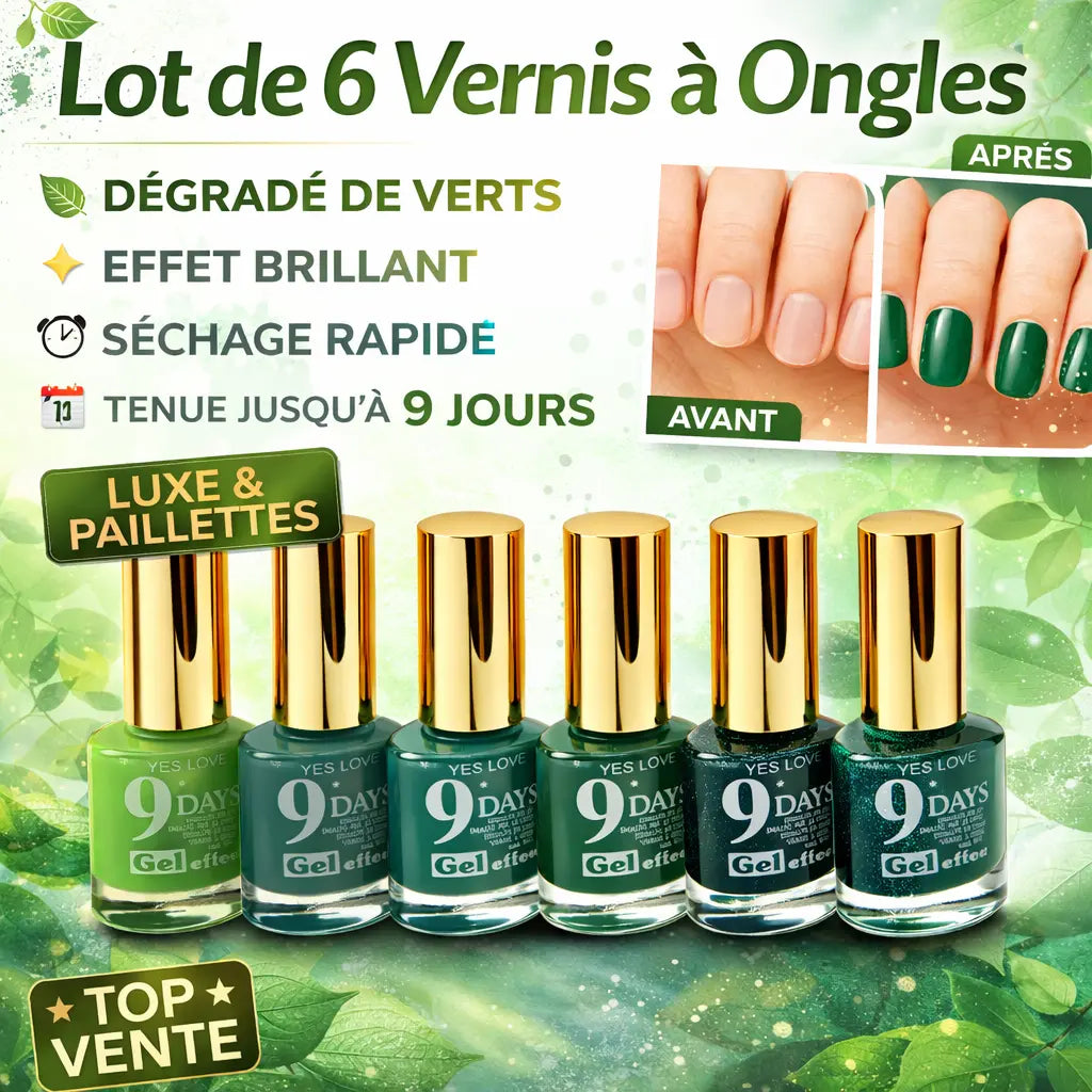 Lot de 6 vernis à ongles verts – dégradé du clair au foncé – effet brillant et pailleté – séchage rapide – tenue jusqu’à 9 jours – 13 ml