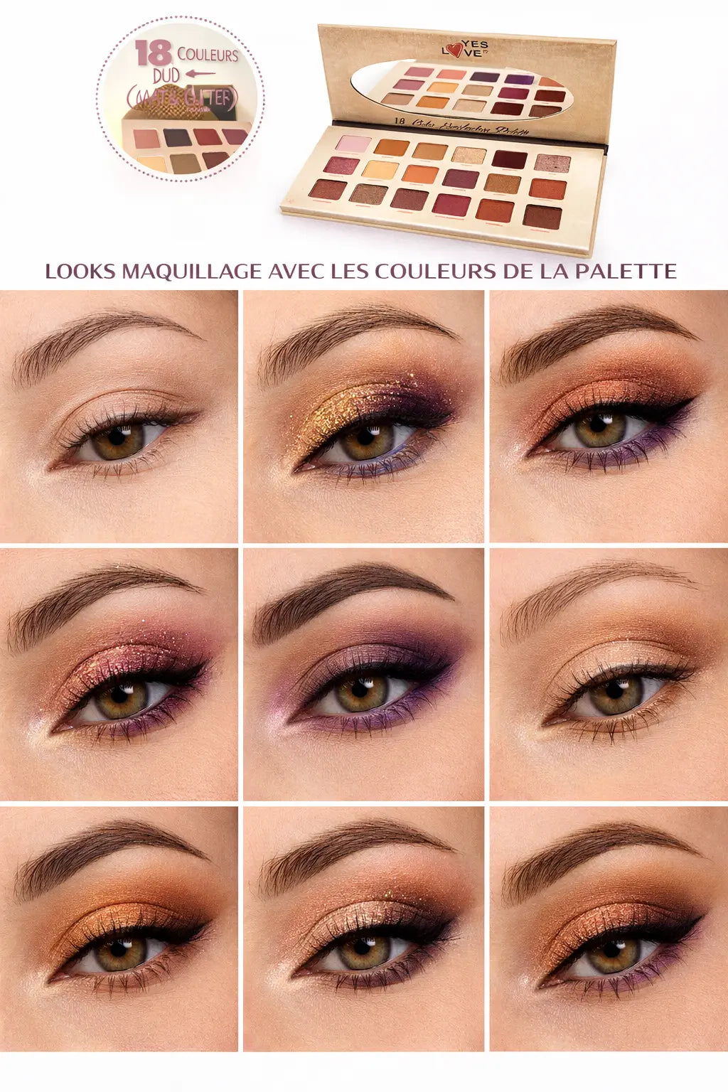 Palette Fards à Paupières 18 Couleurs – Nude, Marron & Violet – Matte & Pailleté – Haute Pigmentation – Palette Yeux avec Miroir OCIBEL